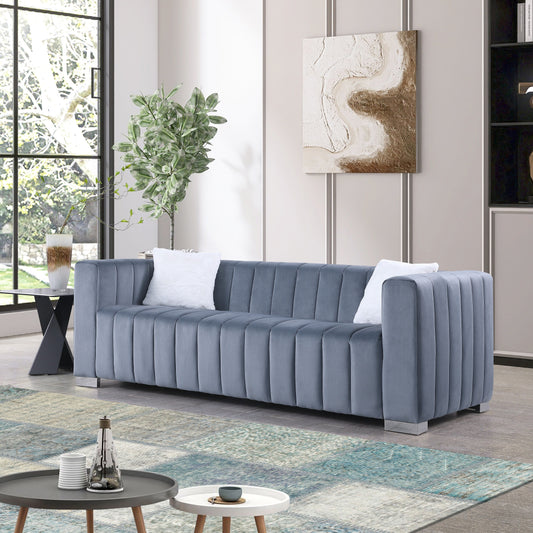 Grey 85.76'' Modern Velvet 3-Seater Chesterfield Sofa with Channel Tufting, 2 Pillows, and Plush Foam Cushions
