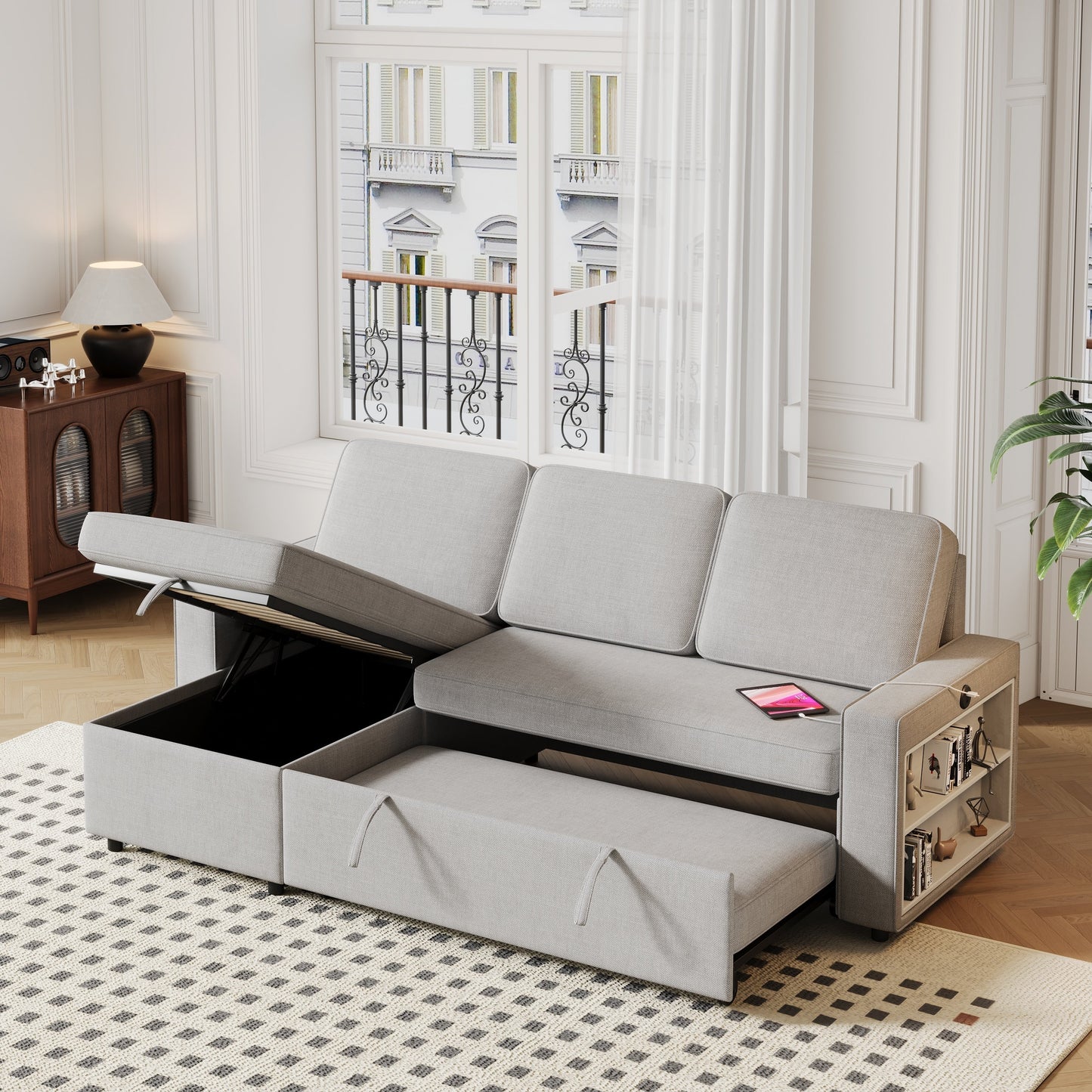 Grey 85.8'' L-Shaped Sleeper Sofa with Pull-Out Bed and Storage