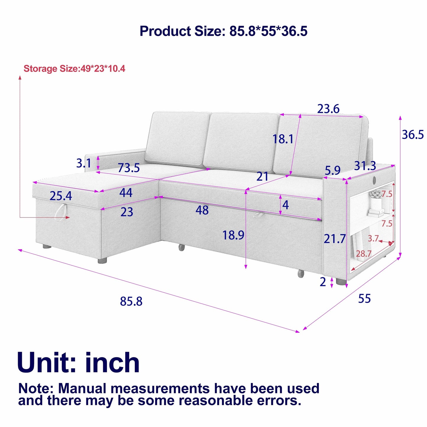 Grey 85.8'' L-Shaped Sleeper Sofa with Pull-Out Bed and Storage