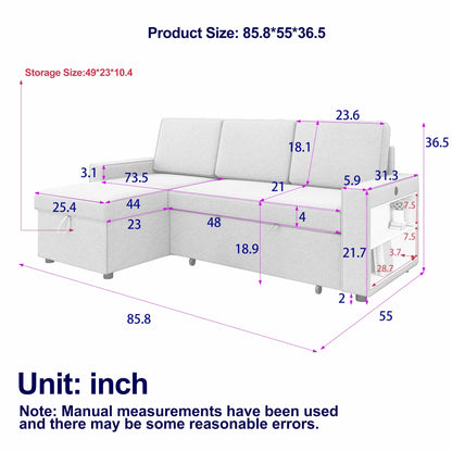 Grey 85.8'' L-Shaped Sleeper Sofa with Pull-Out Bed and Storage