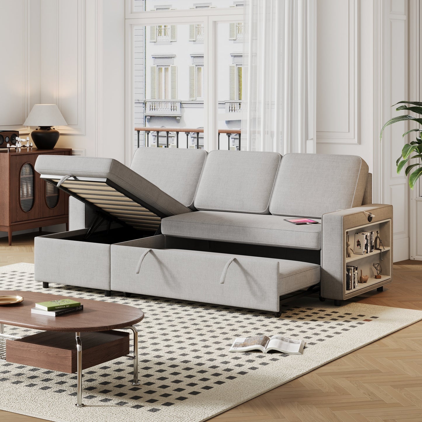 Grey 85.8'' L-Shaped Sleeper Sofa with Pull-Out Bed and Storage