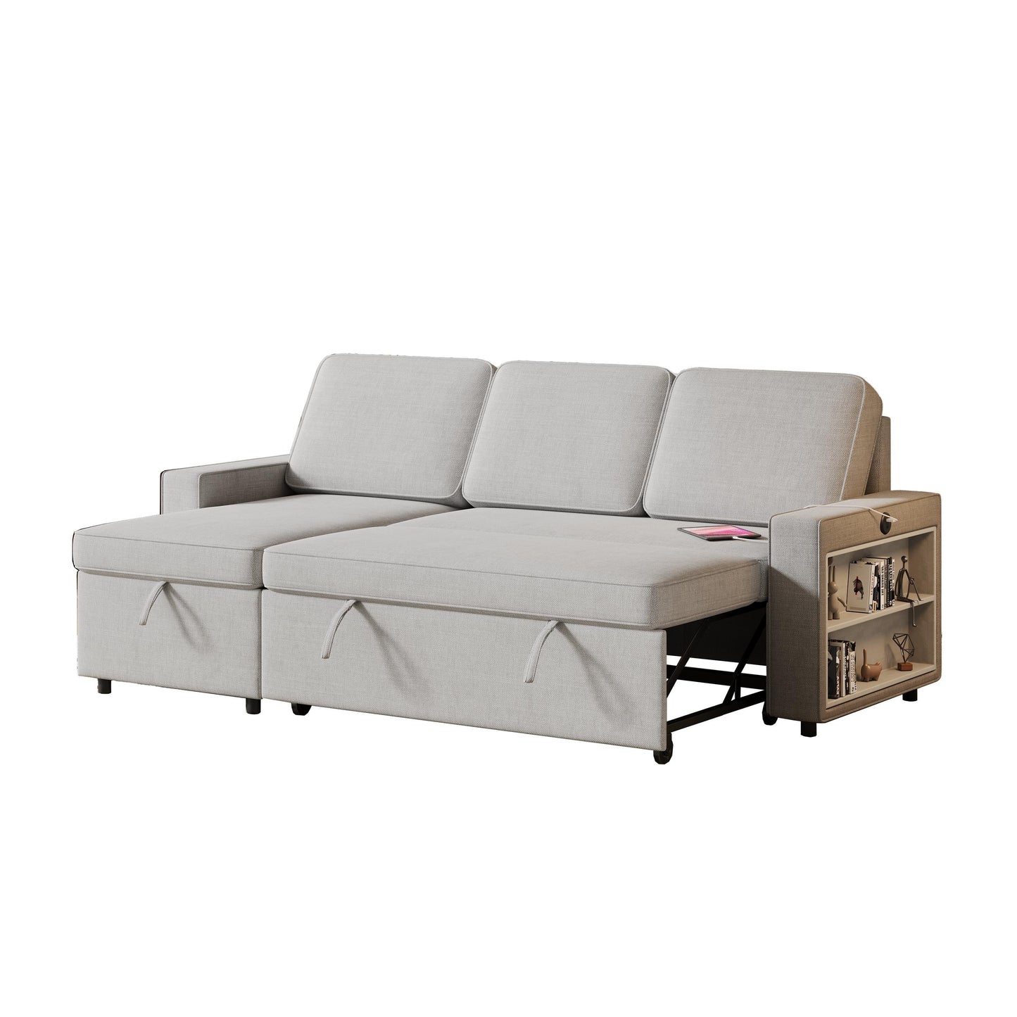 Grey 85.8'' L-Shaped Sleeper Sofa with Pull-Out Bed and Storage