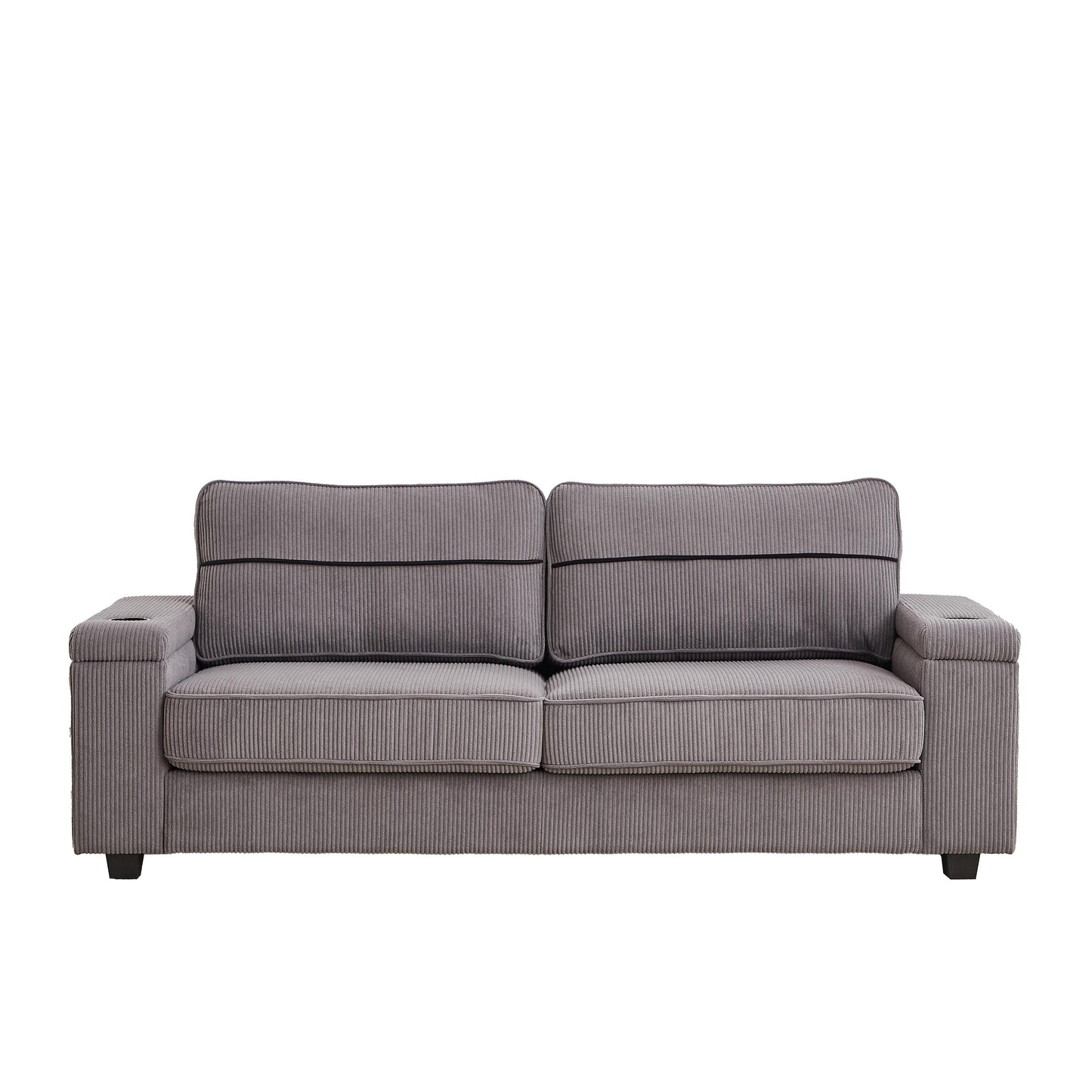 Grey 86.5 Corduroy 3-Seater Sofa with USB Ports, Reversible Backrest, Armrest Storage, and Cup Holders