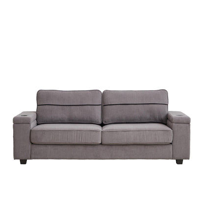 Grey 86.5 Corduroy 3-Seater Sofa with USB Ports, Reversible Backrest, Armrest Storage, and Cup Holders