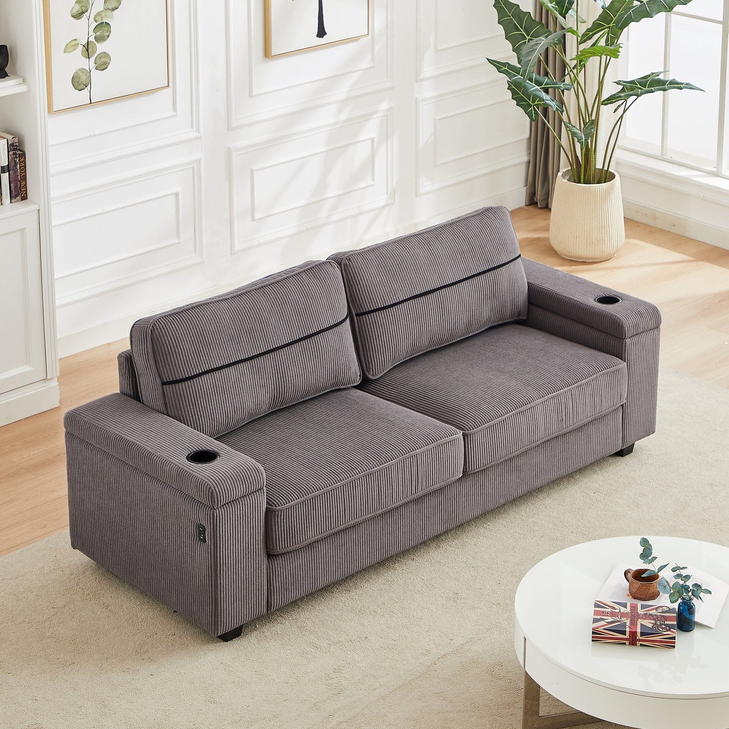 Grey 86.5 Corduroy 3-Seater Sofa with USB Ports, Reversible Backrest, Armrest Storage, and Cup Holders