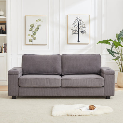 Grey 86.5 Corduroy 3-Seater Sofa with USB Ports, Reversible Backrest, Armrest Storage, and Cup Holders