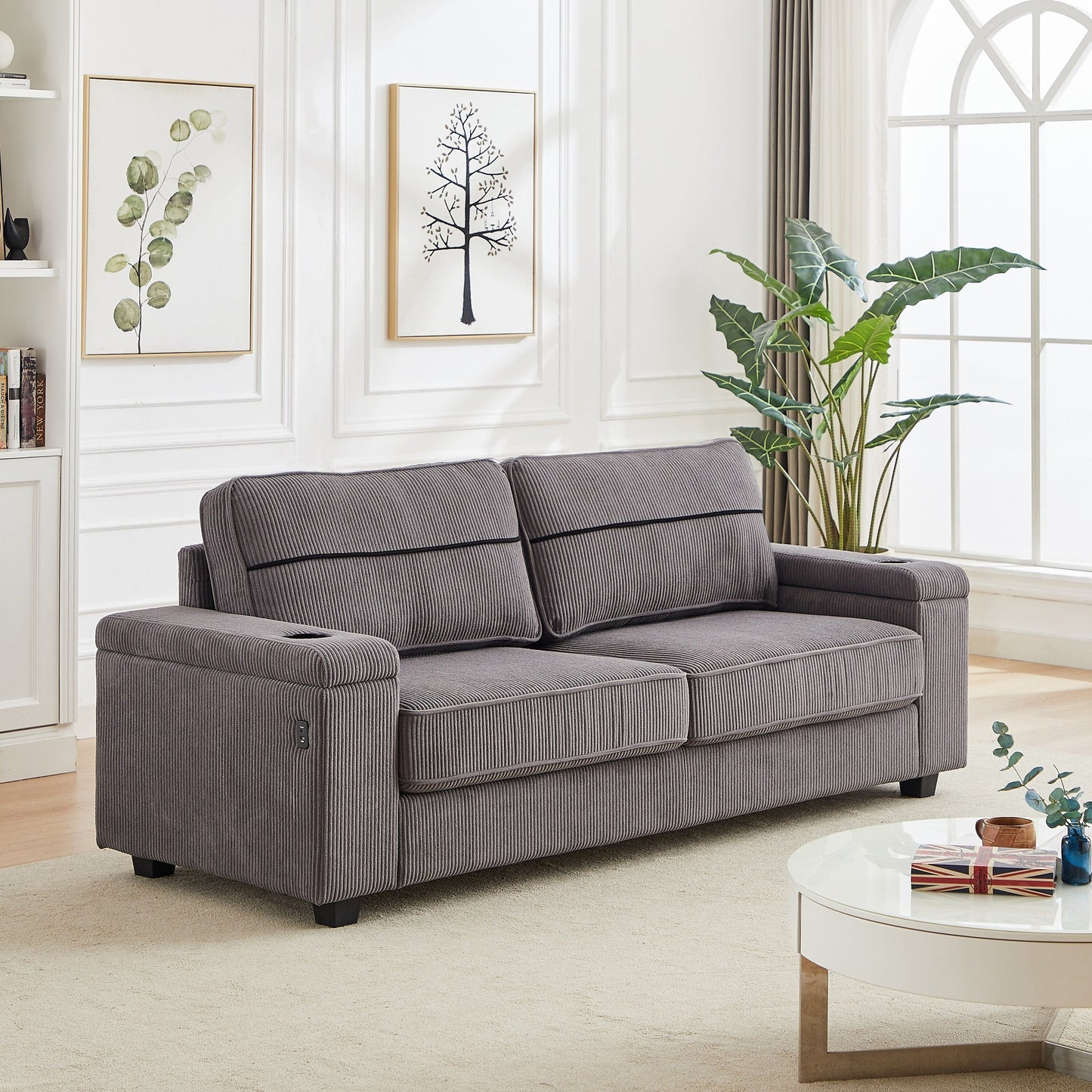 Grey 86.5 Corduroy 3-Seater Sofa with USB Ports, Reversible Backrest, Armrest Storage, and Cup Holders