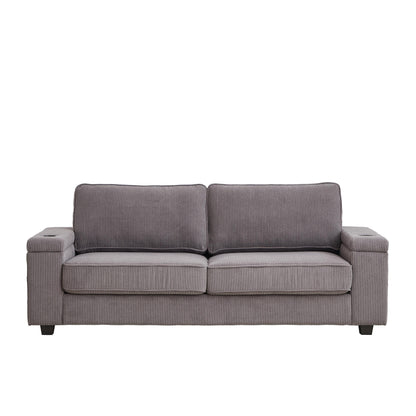 Grey 86.5 Corduroy 3-Seater Sofa with USB Ports, Reversible Backrest, Armrest Storage, and Cup Holders