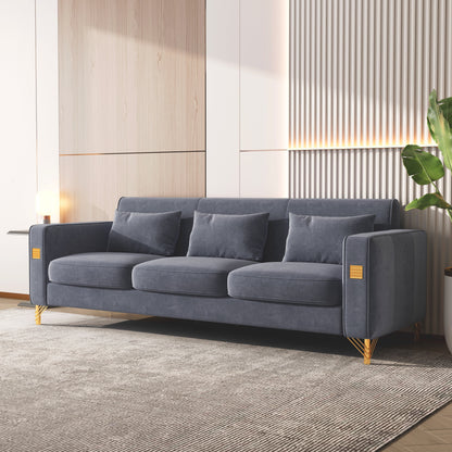 Grey 86.61 Velvet 3-seater Sofa with Pillows and Gold Finish Metal Leg for Living Room