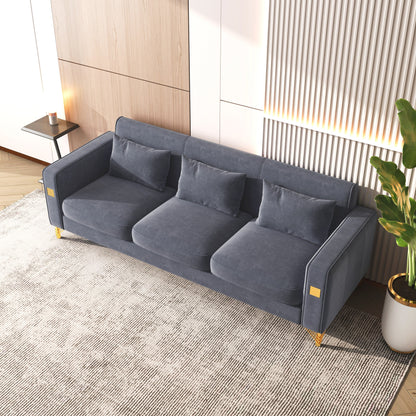 Grey 86.61 Velvet 3-seater Sofa with Pillows and Gold Finish Metal Leg for Living Room