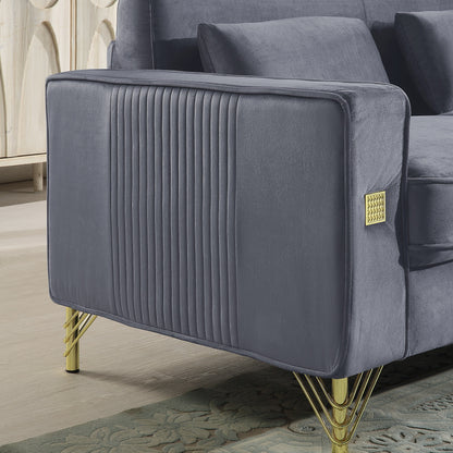 Grey 86.61 Velvet 3-seater Sofa with Pillows and Gold Finish Metal Leg for Living Room