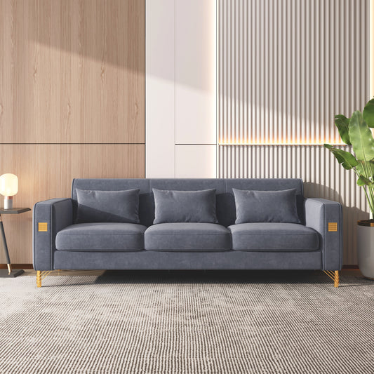 Grey 86.61 Velvet 3-seater Sofa with Pillows and Gold Finish Metal Leg for Living Room