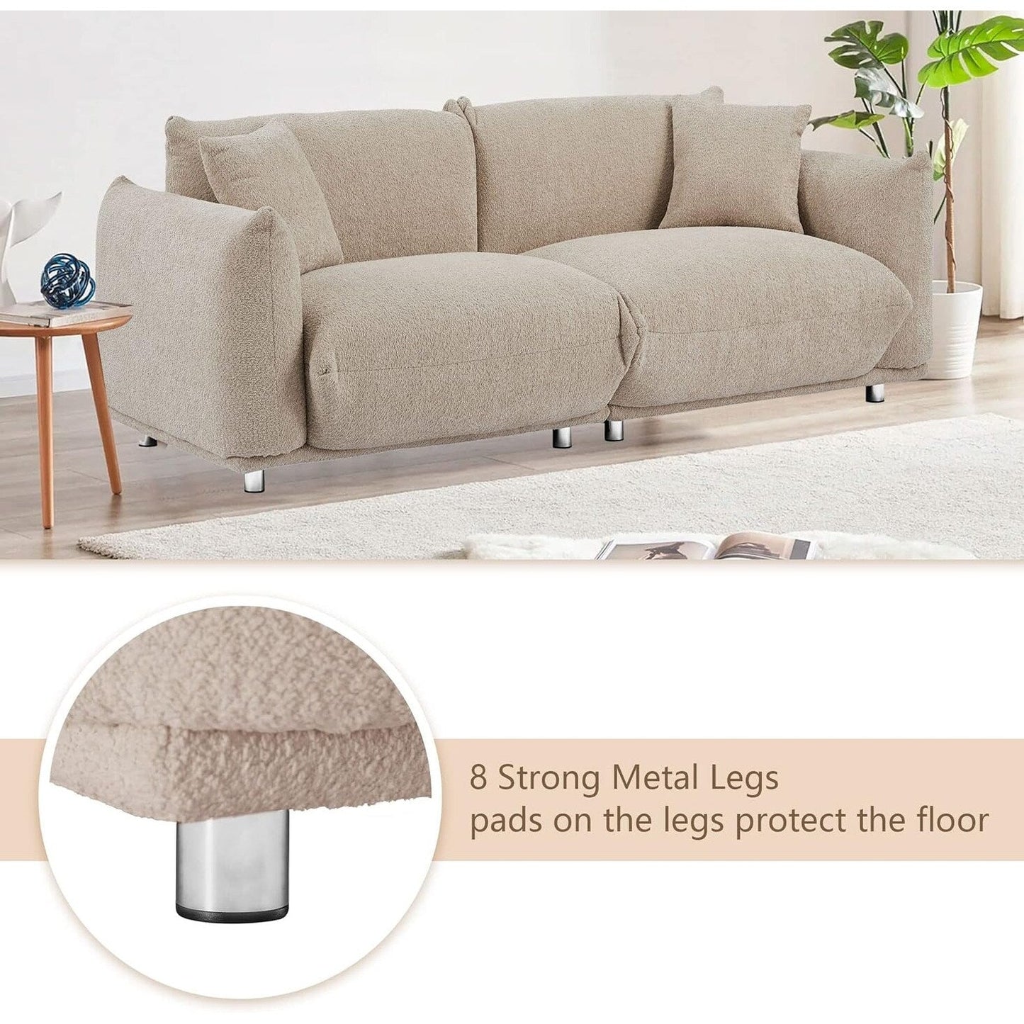 Grey 87 Modern Lamb Wool Sofa with Metal Legs, Solid Frame, and Plush Cushions