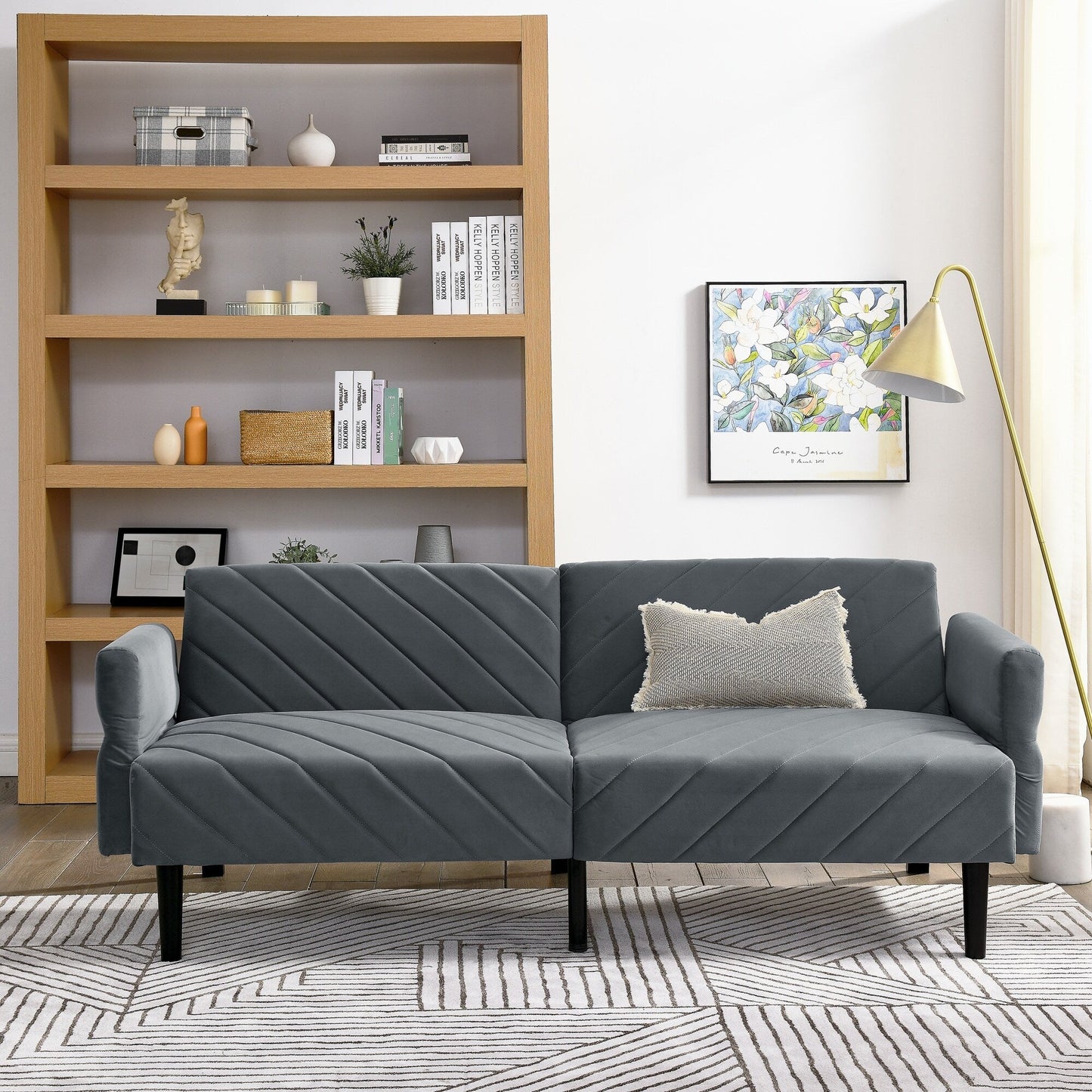 Grey 87 Velvet Tufted Convertible Futon Sofa Bed with Adjustable Armrests for Living Room