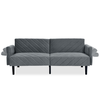 Grey 87 Velvet Tufted Convertible Futon Sofa Bed with Adjustable Armrests for Living Room