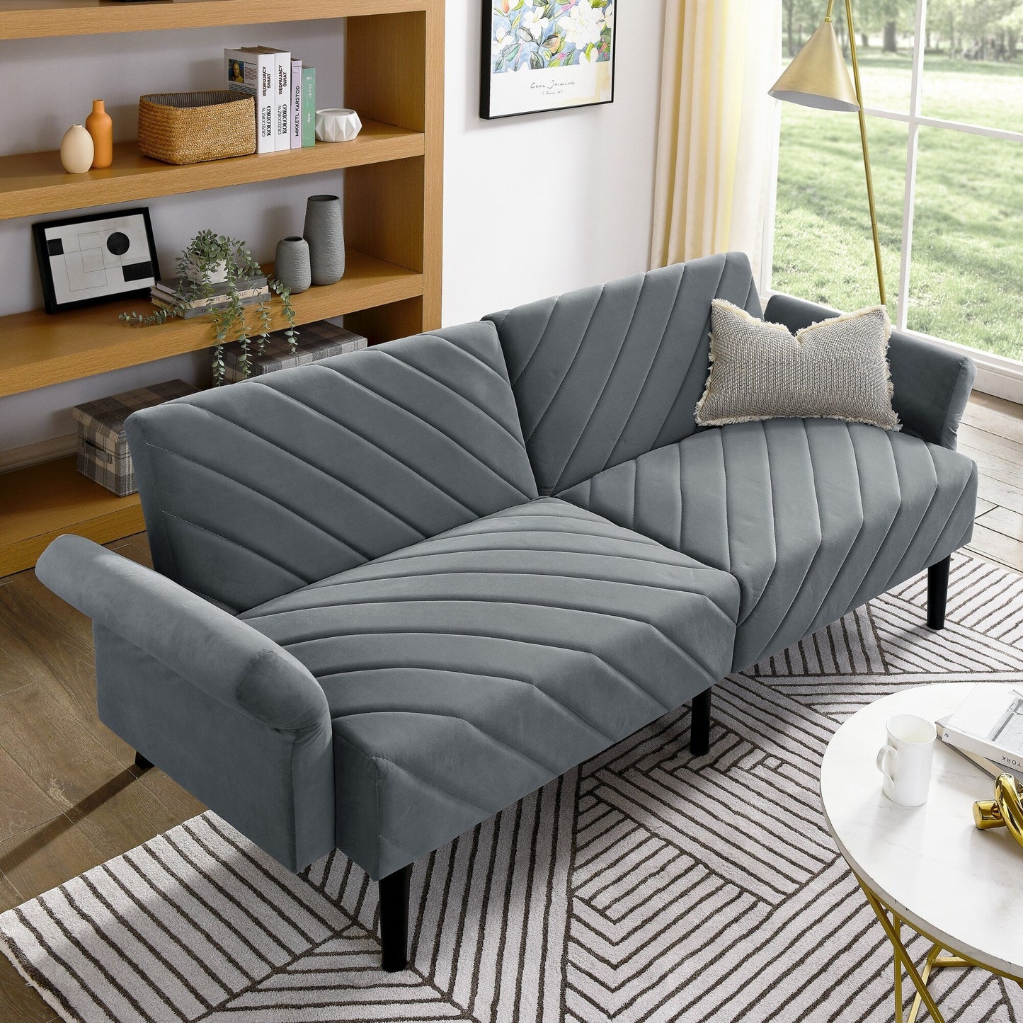 Grey 87 Velvet Tufted Convertible Futon Sofa Bed with Adjustable Armrests for Living Room