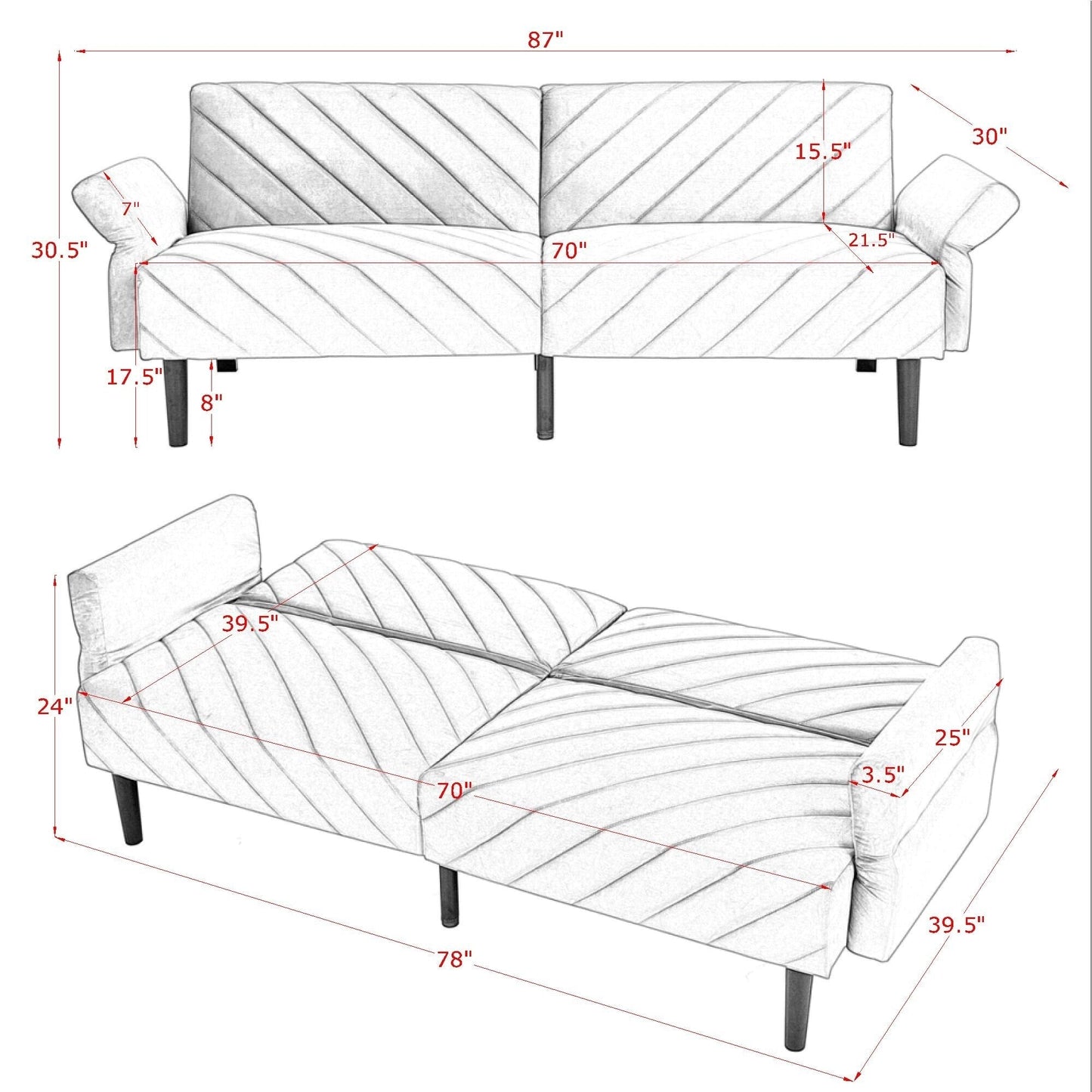 Grey 87 Velvet Tufted Convertible Futon Sofa Bed with Adjustable Armrests for Living Room