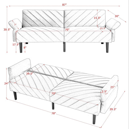 Grey 87 Velvet Tufted Convertible Futon Sofa Bed with Adjustable Armrests for Living Room