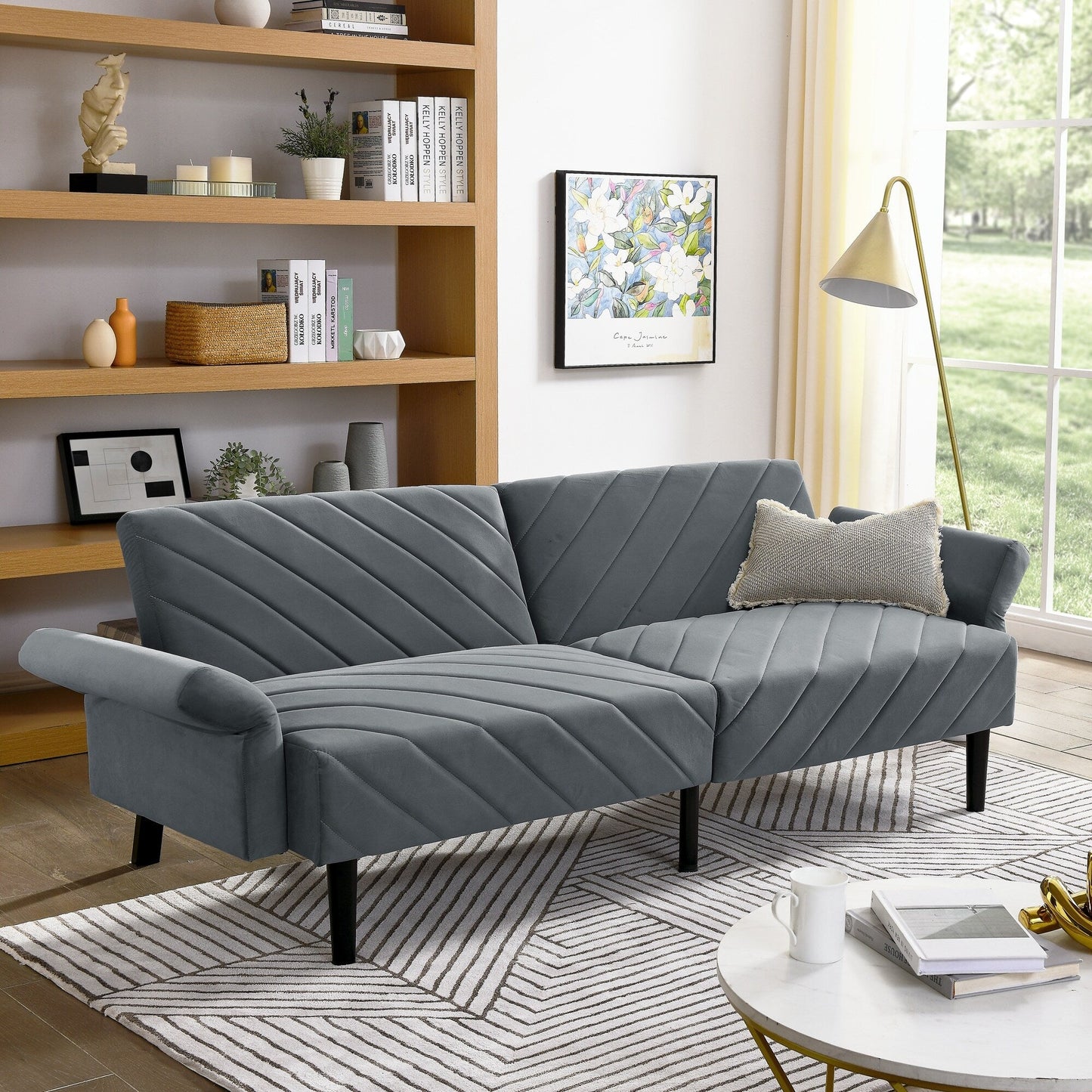 Grey 87 Velvet Tufted Convertible Futon Sofa Bed with Adjustable Armrests for Living Room