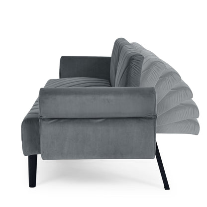 Grey 87 Velvet Tufted Convertible Futon Sofa Bed with Adjustable Armrests for Living Room