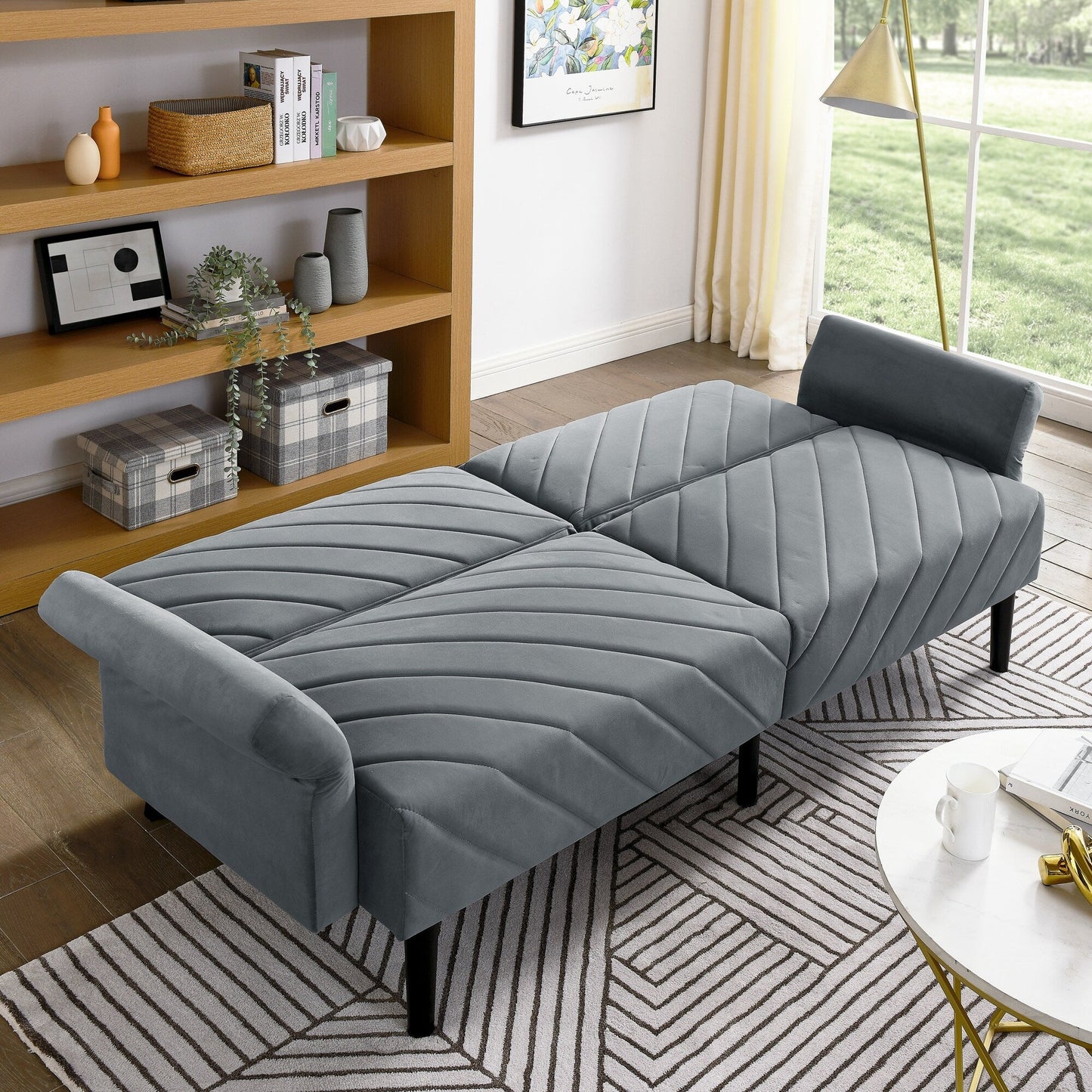 Grey 87 Velvet Tufted Convertible Futon Sofa Bed with Adjustable Armrests for Living Room