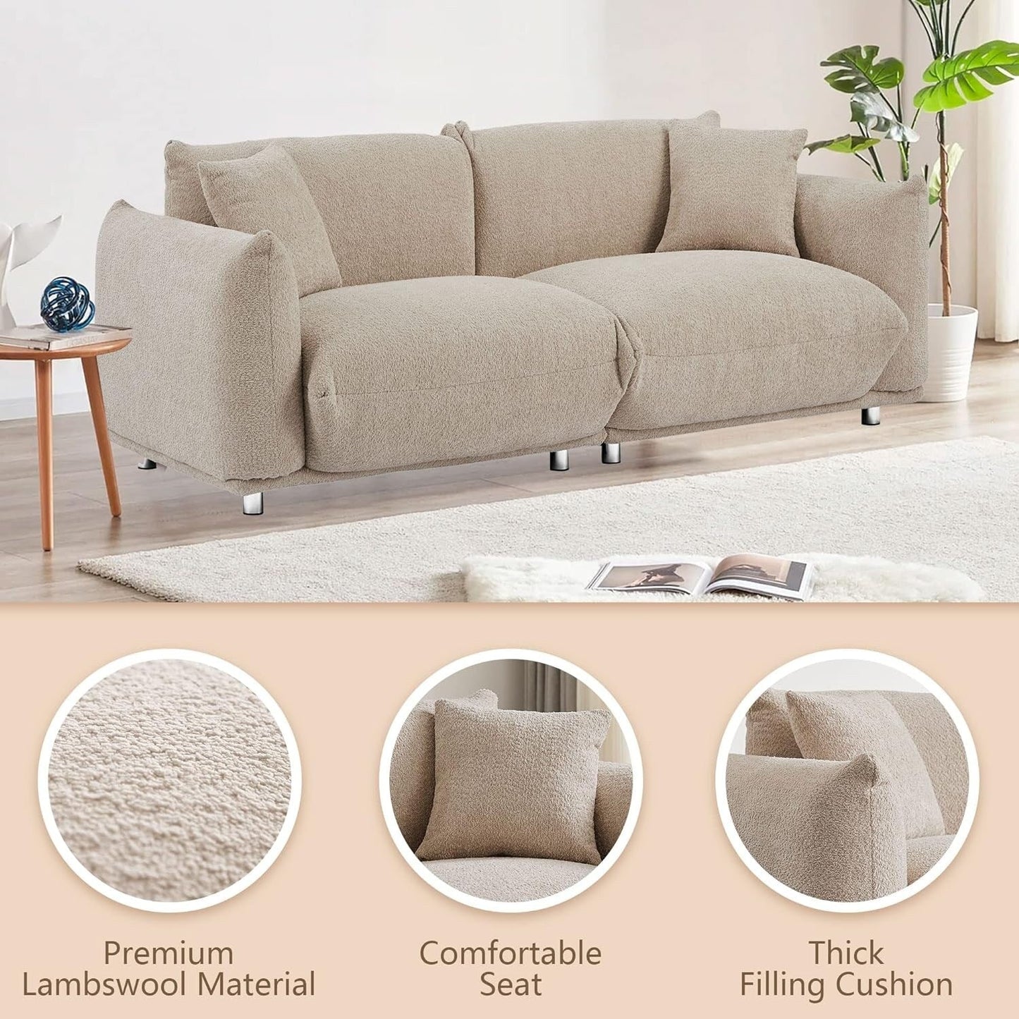 Grey 87'' Oversized Loveseat with Solid Wood Frame, Metal Legs, and 2 Plush Pillows for Durability