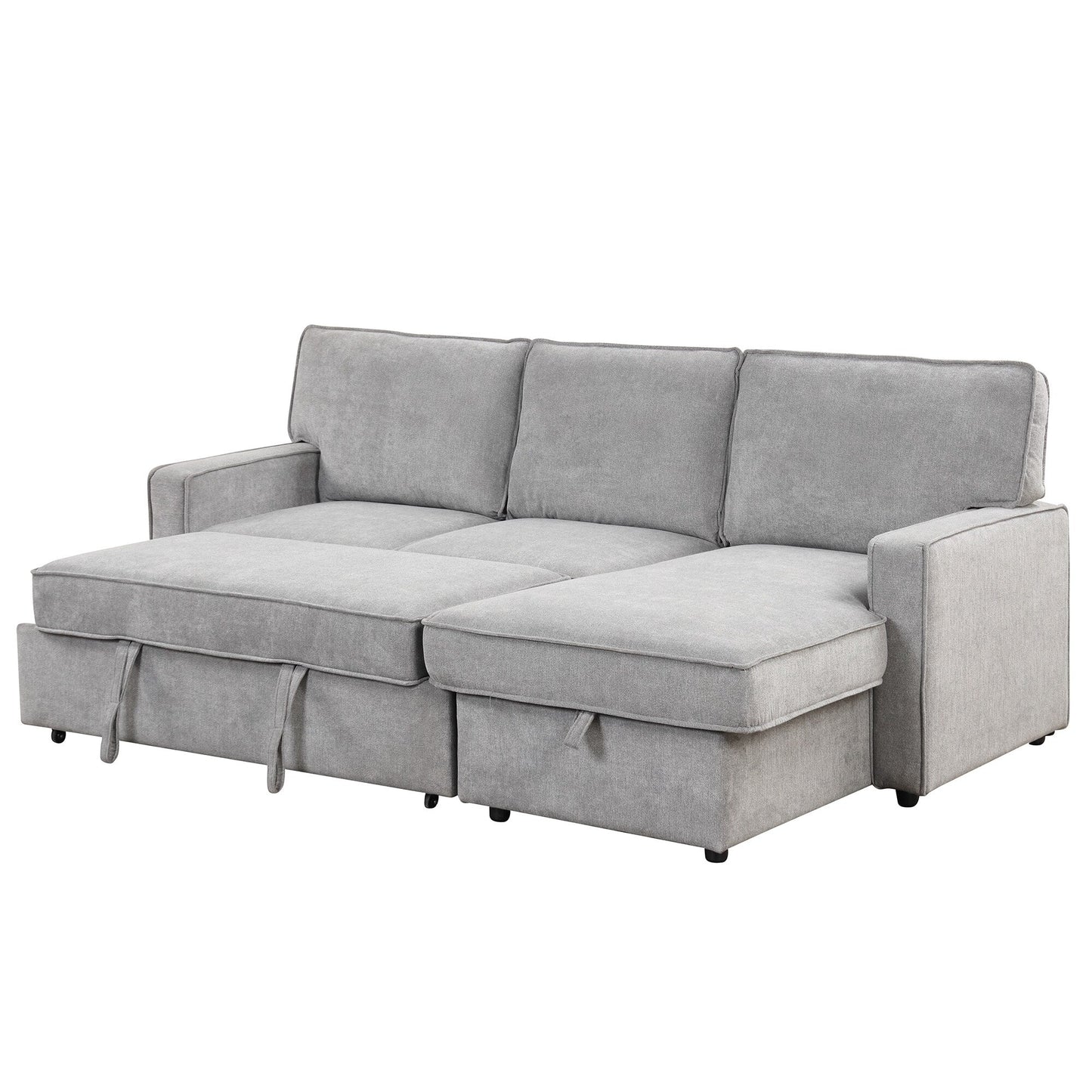 Grey 89'' Polyester 3-Seater Sleeper Sofa with Pull-Out Bed, USB Port, Storage Ottoman, and Built-In Cup Holders