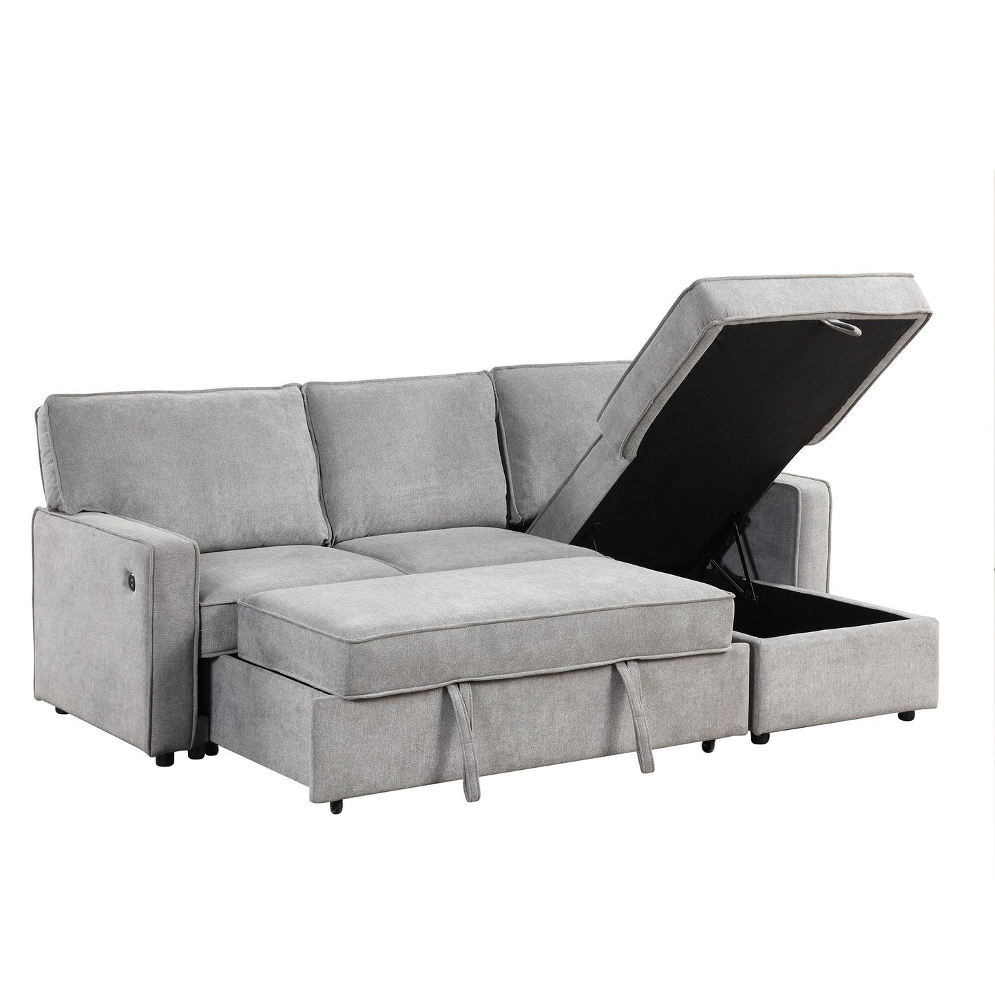 Grey 89'' Polyester Sleeper Sofa Couch, 3-Seater with Pull-Out Bed, USB Charging, Storage Ottoman, and Built-In Cup Holders