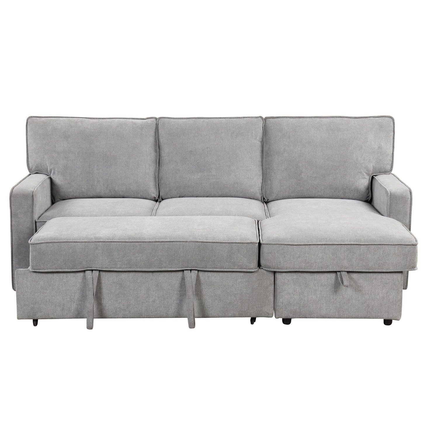Grey 89'' Polyester Sleeper Sofa Couch, 3-Seater with Pull-Out Bed, USB Charging, Storage Ottoman, and Built-In Cup Holders