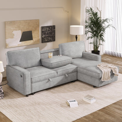 Grey 89'' Polyester Sleeper Sofa, 3-Seater with Pull-Out Bed, Storage Ottoman, USB Port, and Built-In Cup Holders