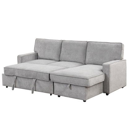 Grey 89'' Polyester Sleeper Sofa, 3-Seater with Storage Ottoman, Pull-Out Bed, USB Charging Port, and Cup Holders
