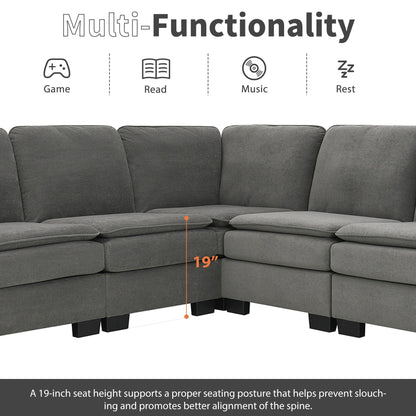 Grey 89'' Velvet L-Shaped 5-Seater Sectional Sofa with Double Cushions, Sturdy Wood and Iron Frame