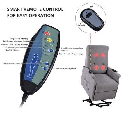 Grey Adjustable Power Lift Recliner with Massage, Overstuffed Cushion, and Remote for Seniors