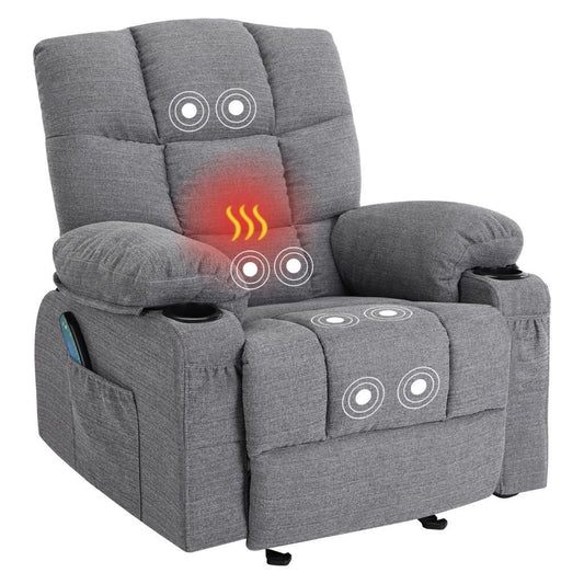 Grey Adjustable Recliner Chair featuring Massage, Heating, USB Ports, Two Cup Holders, and Side Pockets