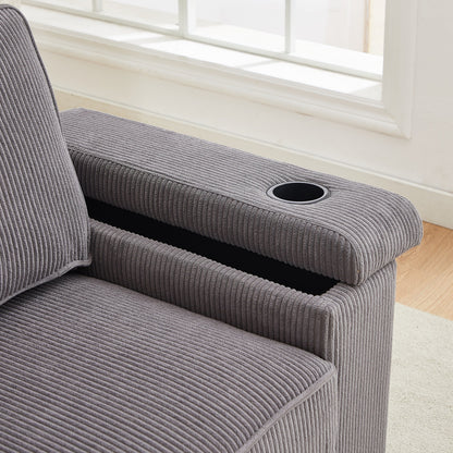 Grey Corduroy 3-seater Sofa with USB Ports and Cup Holders