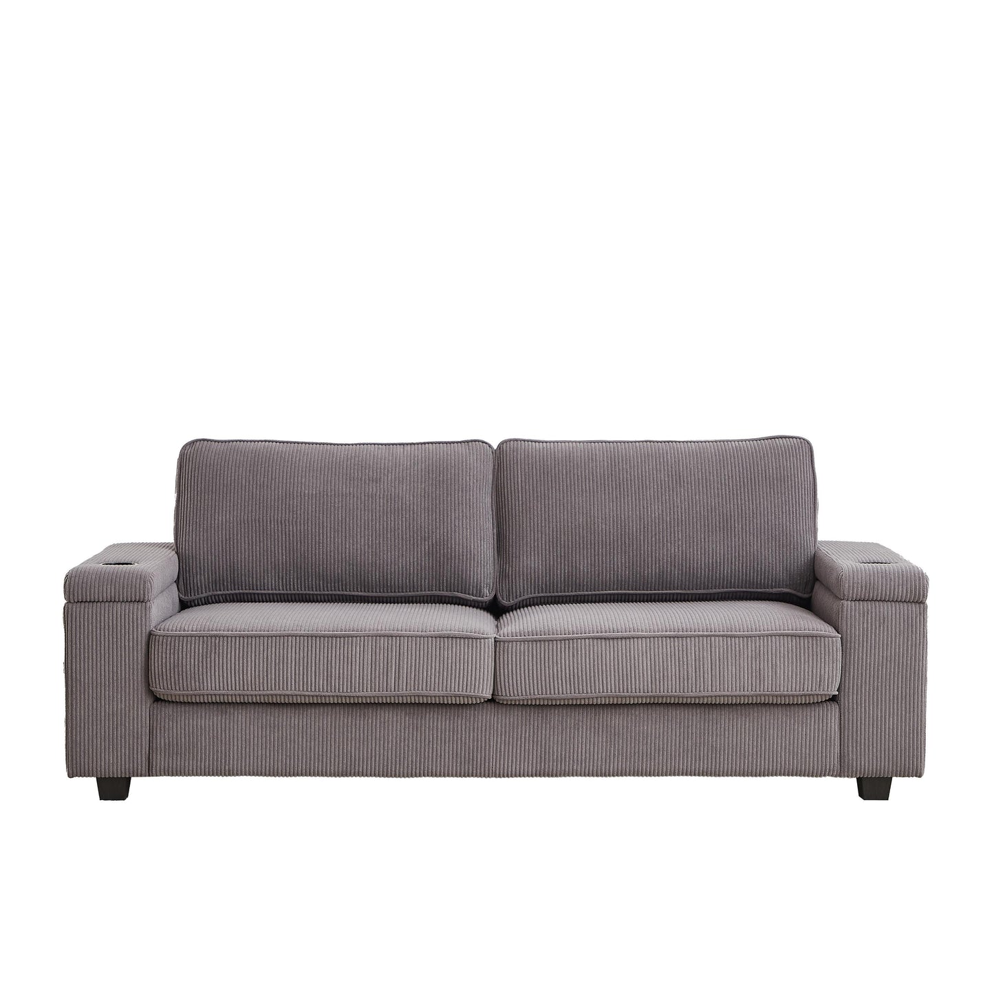 Grey Corduroy 3-seater Sofa with USB Ports and Cup Holders
