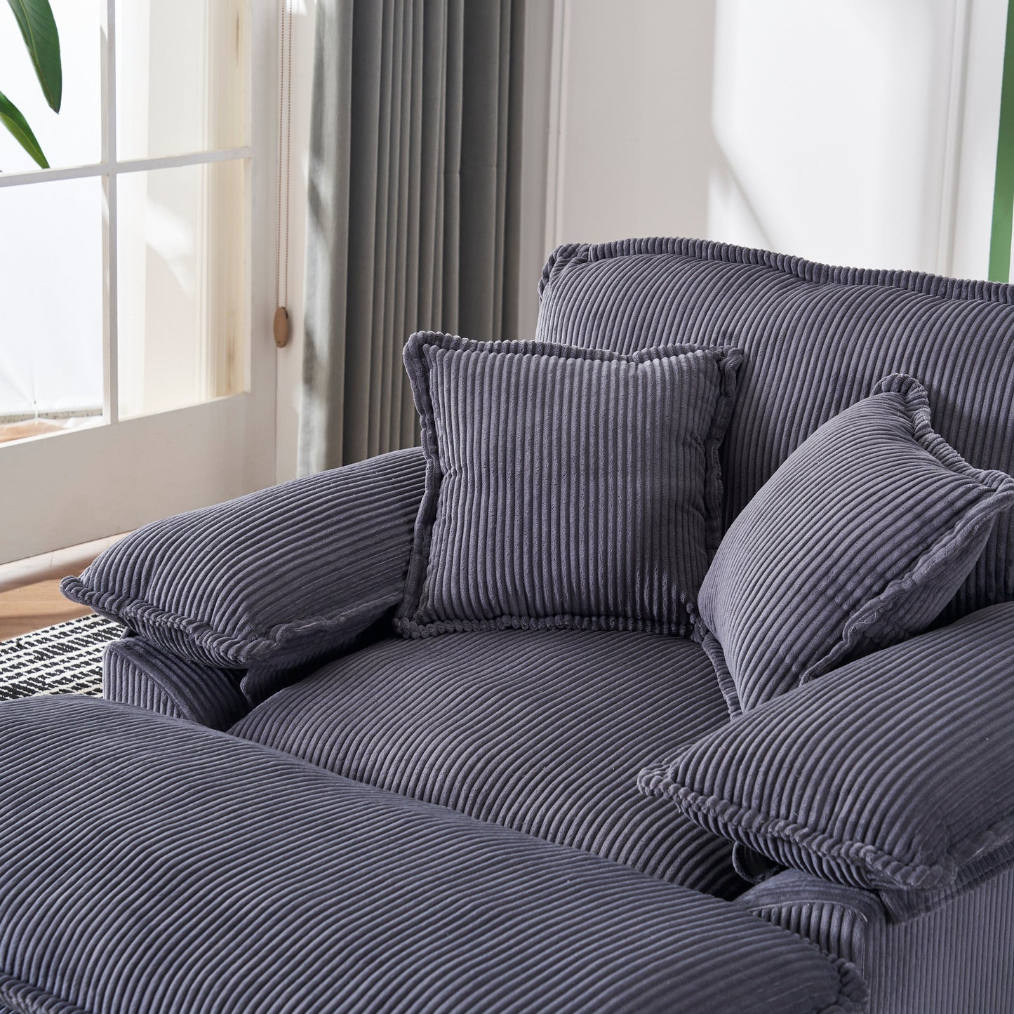 Grey Corduroy Single Deep Seat Sofa with Ottoman