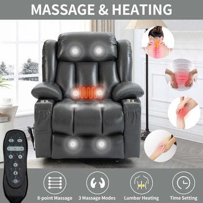 Grey Dual Motor Lift Recliner with 180° Recline, Lumbar Heat, Massage, Stainless Steel Cup Holders, and Side Storage Pockets