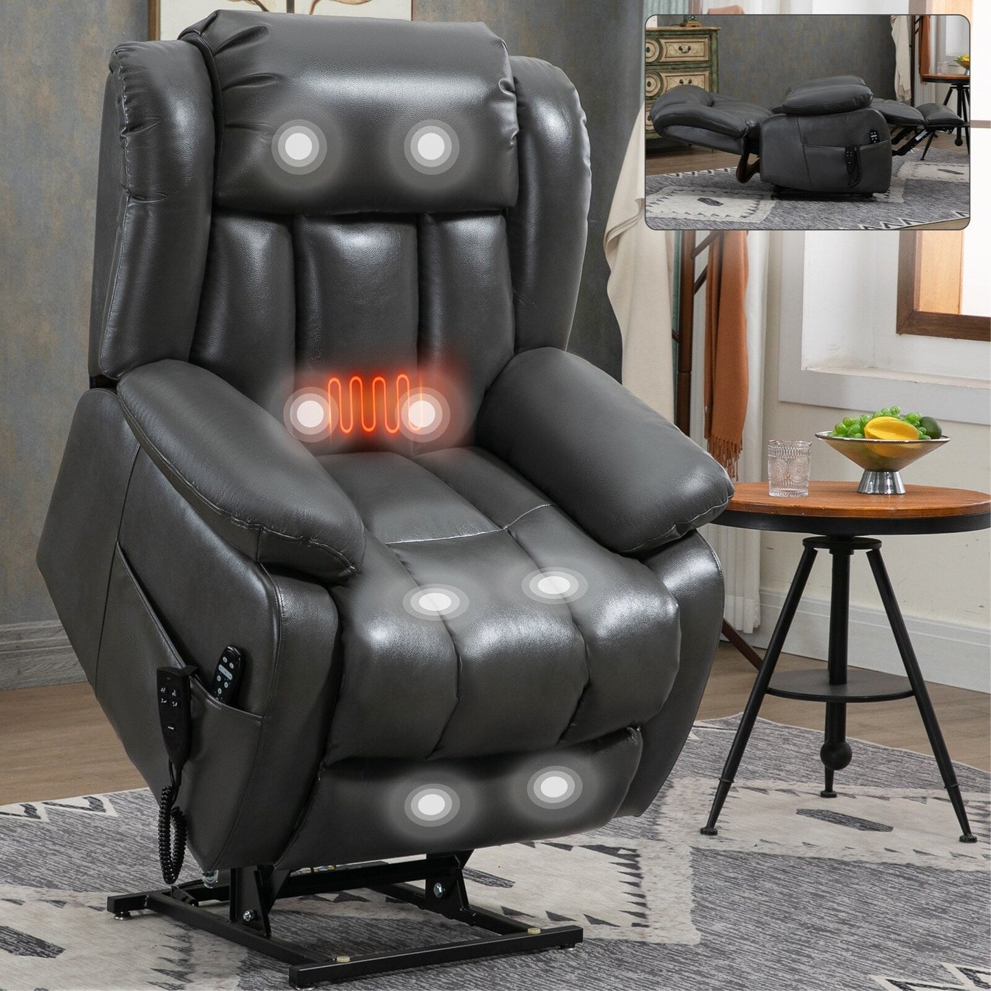 Grey Dual Motor Power Lift Recliner with 180° Recline, 8-Point Vibration Massage, Lumbar Heating, and 350 lb Capacity