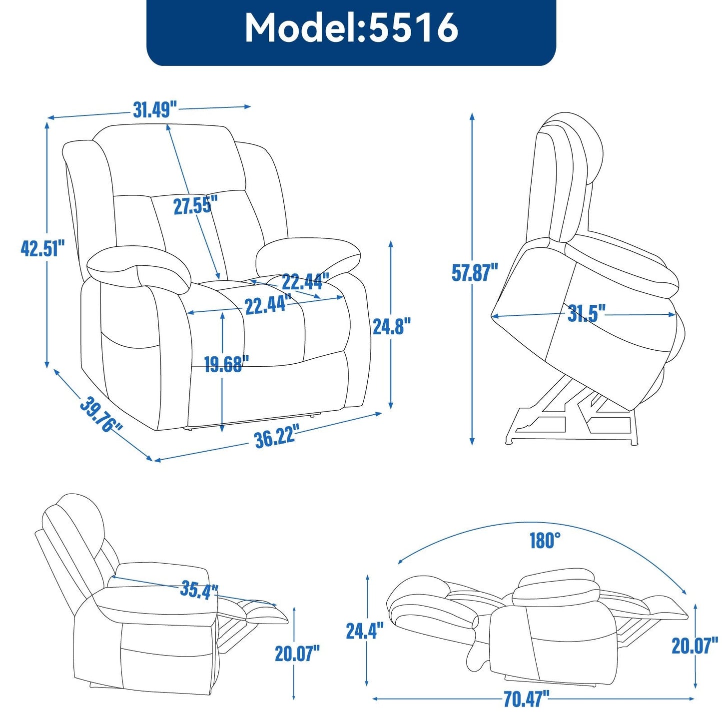 Grey Dual Motor Power Lift Recliner with 180° Recline, 8-Point Vibration Massage, Lumbar Heating, and 350 lb Capacity