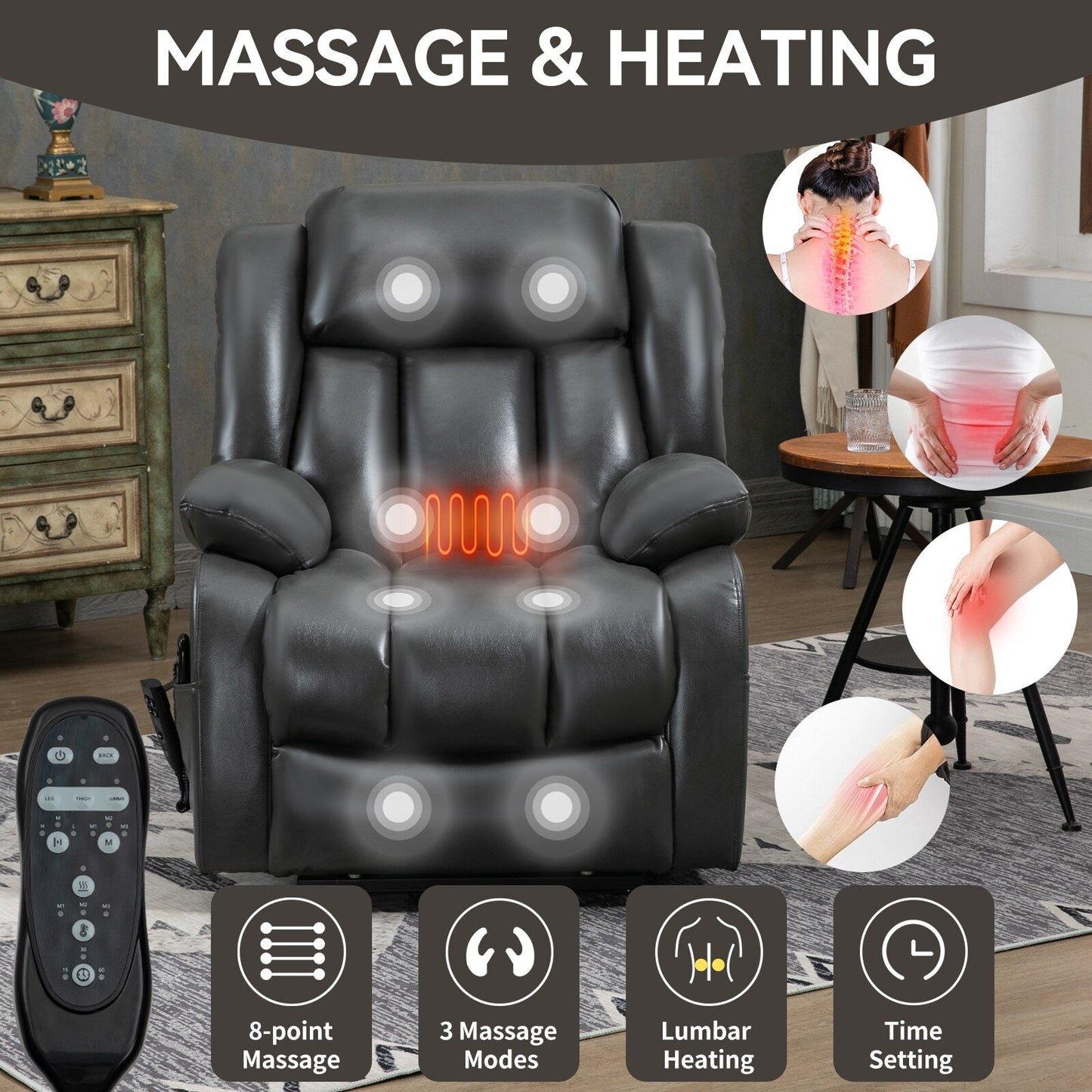 Grey Dual Motor Power Lift Recliner with 180° Recline, 8-Point Vibration Massage, Lumbar Heating, and 350 lb Capacity