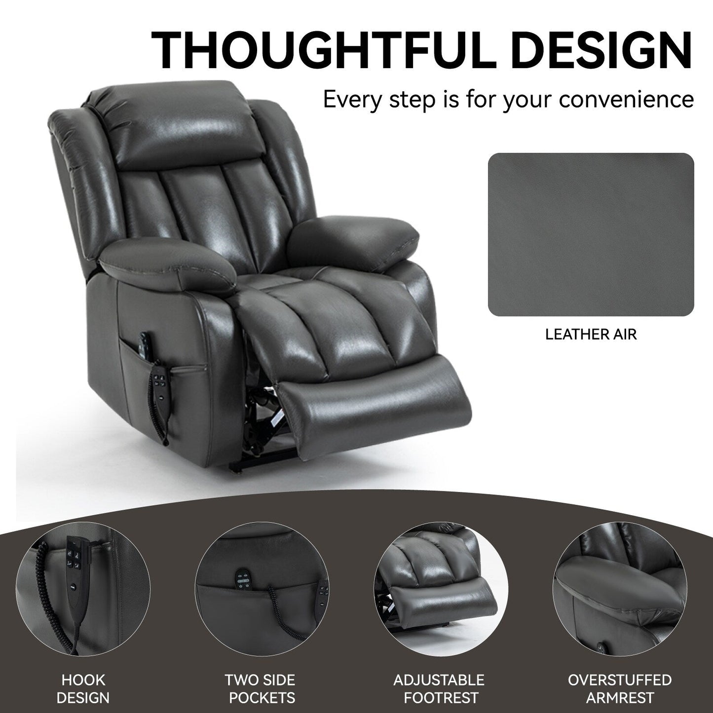 Grey Dual Motor Power Lift Recliner with 180° Recline, 8-Point Vibration Massage, Lumbar Heating, and 350 lb Capacity