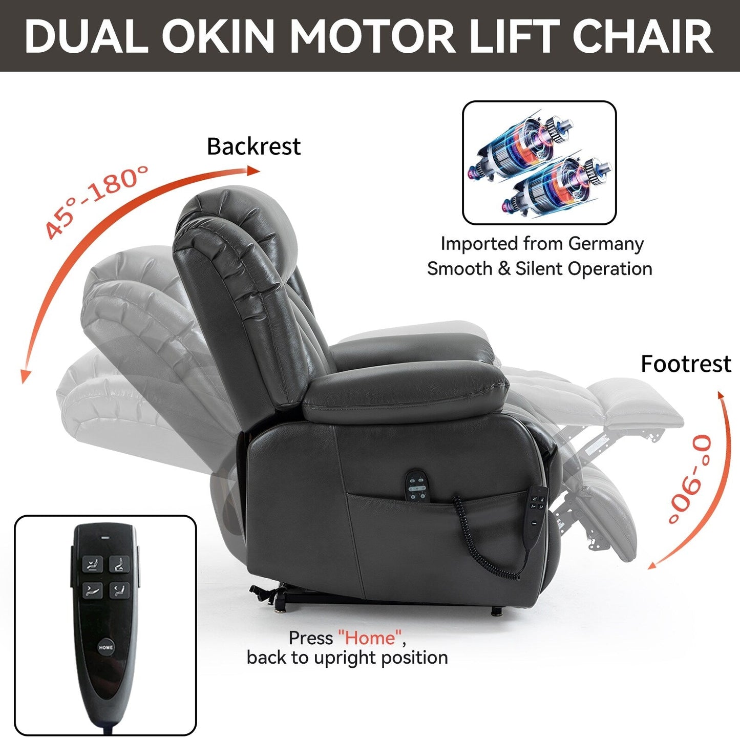 Grey Dual Motor Power Lift Recliner with 180° Recline, 8-Point Vibration Massage, Lumbar Heating, and 350 lb Capacity