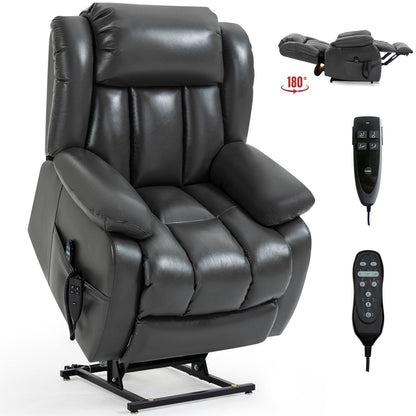 Grey Dual Motor Power Lift Recliner with 180° Recline, 8-Point Vibration Massage, Lumbar Heating, and 350 lb Capacity