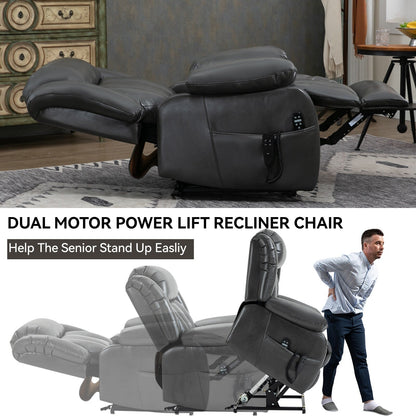 Grey Dual Motor Power Lift Recliner with 180° Recline, 8-Point Vibration Massage, Lumbar Heating, and 350 lb Capacity