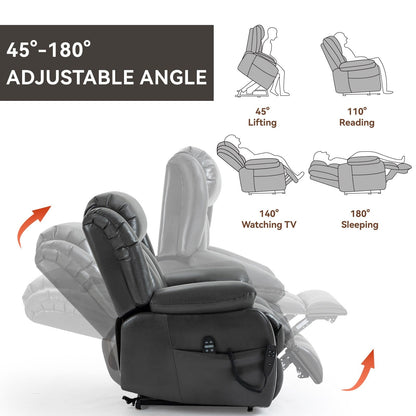 Grey Dual Motor Power Lift Recliner with 180° Recline, 8-Point Vibration Massage, Lumbar Heating, and 350 lb Capacity