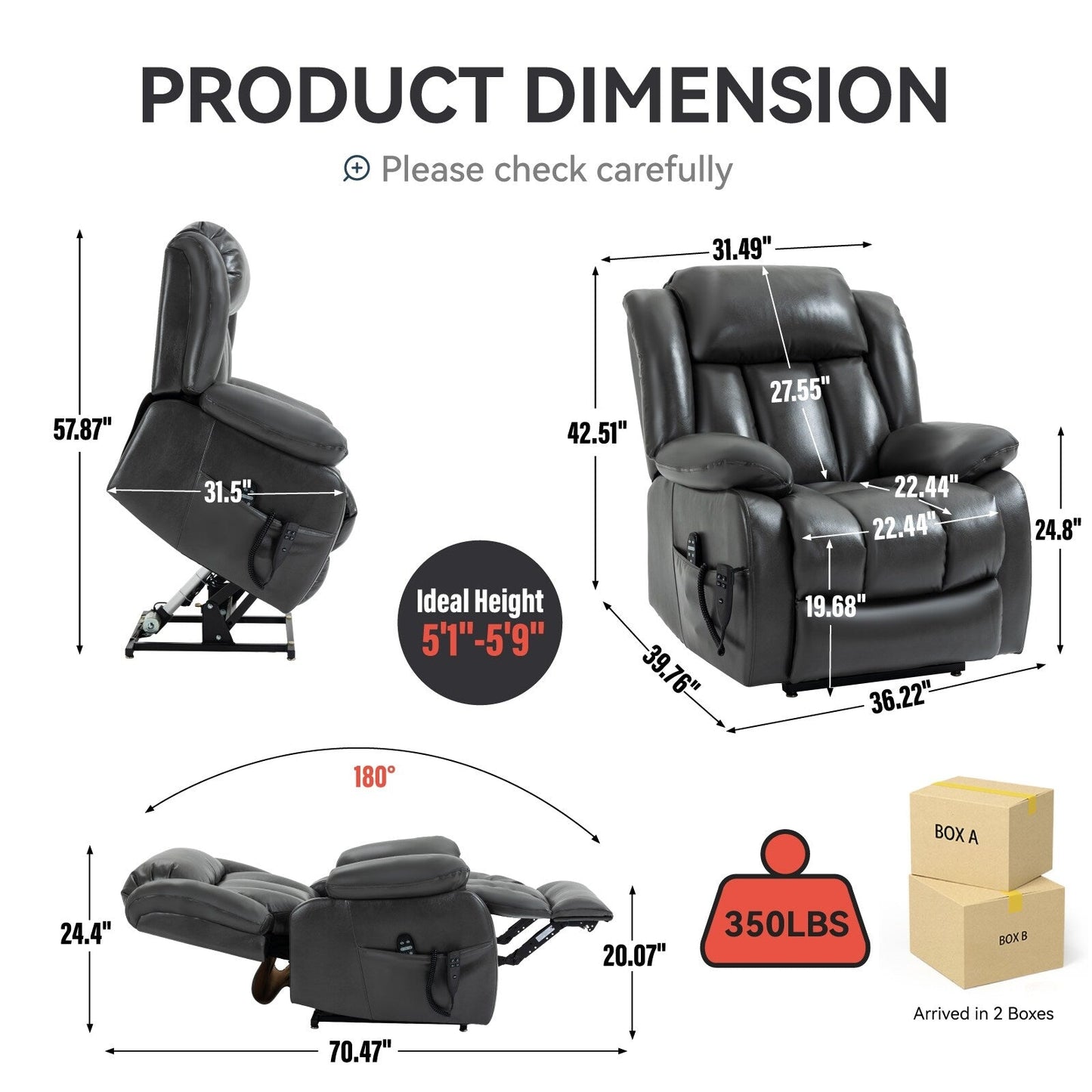 Grey Dual Motor Power Lift Recliner with 180° Recline, 8-Point Vibration Massage, Lumbar Heating, and 350 lb Capacity