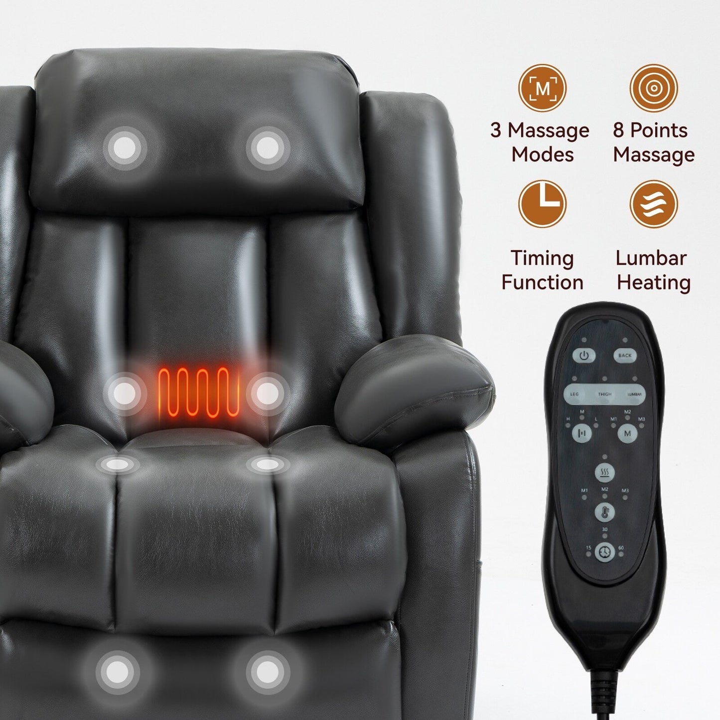 Grey Dual Motor Power Lift Recliner with 180° Recline, 8-Point Vibration Massage, Lumbar Heating, and 350 lb Capacity