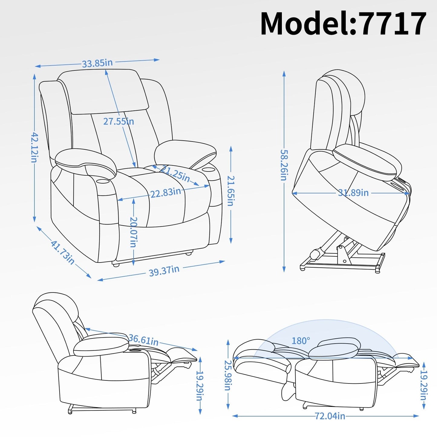 Grey Dual Motor Power Lift Recliner with 8-Point Massage, Lumbar Heating, Stainless Steel Cup Holders, and Side Pockets