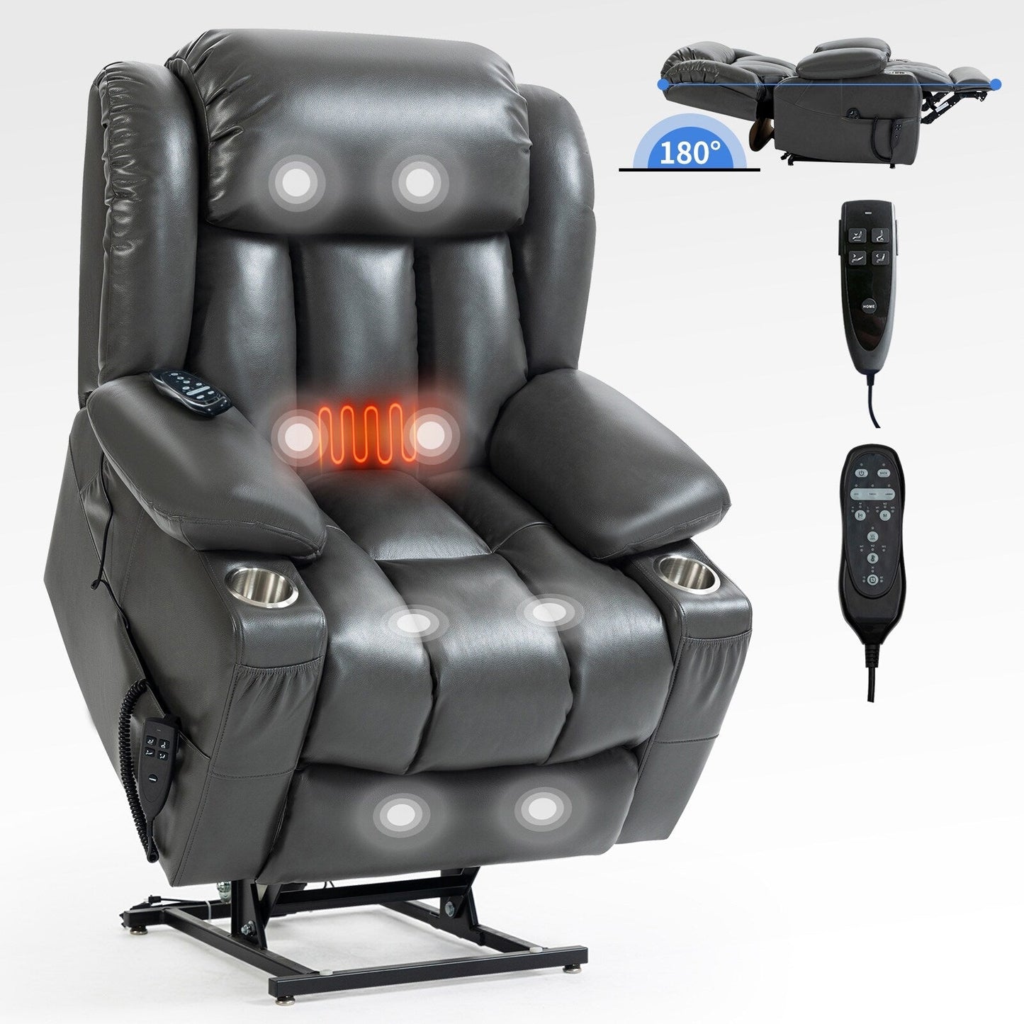 Grey Dual Motor Power Lift Recliner with 8-Point Massage, Lumbar Heating, Stainless Steel Cup Holders, and Side Pockets